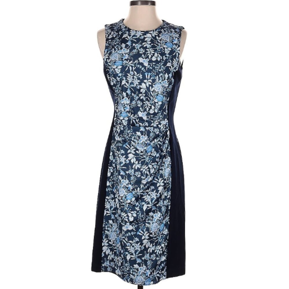 🎉J.McLaughlin Silk Floral Ruched Sheath Dress Navy Blue Size Small